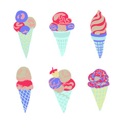 Set of different ice creams. Ice cream cones with different flavour, sprinkles, glazing. Vector illustration.