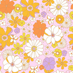 Groovy floral seamless pattern in retro style. Hand drawn blossom yellow vintage texture. Great for fabric, textile, wallpaper. Vector illustration