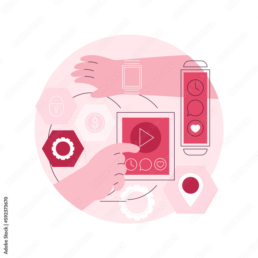 Poster wearable mobile app development abstract concept vector illustration. wearable mobile device app, so