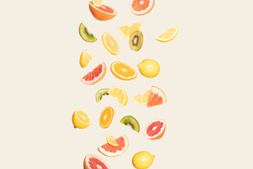Summer fruit floating on a cream background. Summer aesthetic party concept. Orange, grapefruit, kiwi, lemon flying.