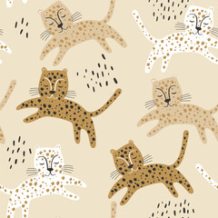 Seamless childish jungle pattern with cartoon leopards. Perfect for fabric,textile. Creative Vector background
