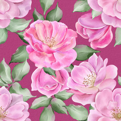 Seamless floral pattern with pink roses hand-drawn painted in watercolor style. The seamless pattern can be used on a variety of surfaces, wallpaper, textiles or packaging