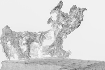 Fototapeta premium A Light Rock Shelf and Tree Root for a Product Display, Showing an Artistic Depiction of a Dog Shape with Close Detail to the Wood.