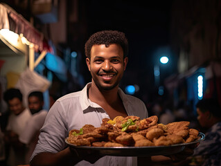 Generative AI, A man smiling and serving food