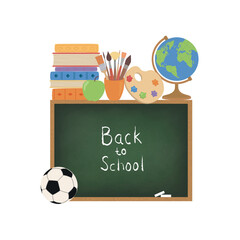 Blackboard with school supplies. Back to school. Vector illustration.