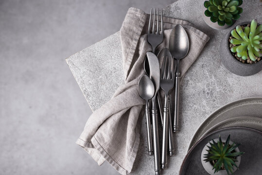 Steel modern cutlery, knife, spoon and fork