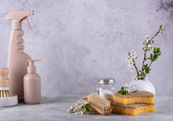 Eco cleaning with bottles, brushes and sponges