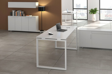 3D render interior design Office Room . Office desks without office chairs