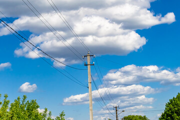 Power electric pole with line wire on colored background close up