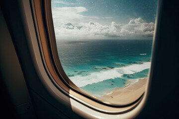 Fototapeta premium View of the beach and sea the airplane window. Travel and tourism concept. Generative AI