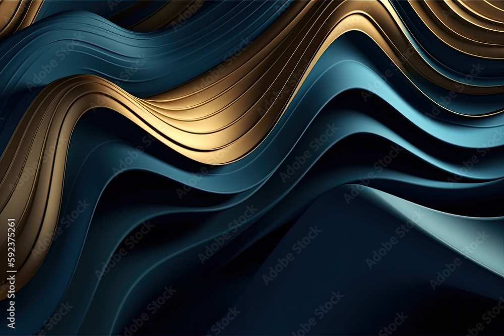 Poster glossy golden and blue wavy texture. glowing wallpaper with abstract shapes. background with curvy s