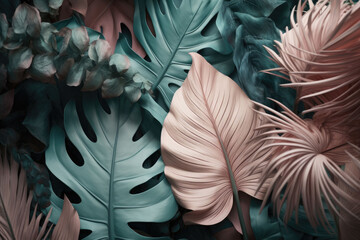 Pastel color tropical palm leaves. Nature spring concept. Minimal summer jungle or forest pattern. Generative AI