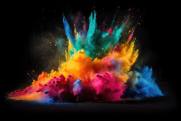 Obraz na płótnie Canvas Colorful rainbow holi paint color powder explosion on dark black background. Generative AI