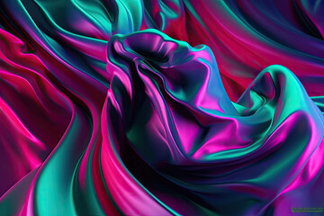 Obraz premium Abstract neon smooth silk background. Satin elegant luxury fabric. Beautiful soft folds on the surface of the fabric. Generative AI