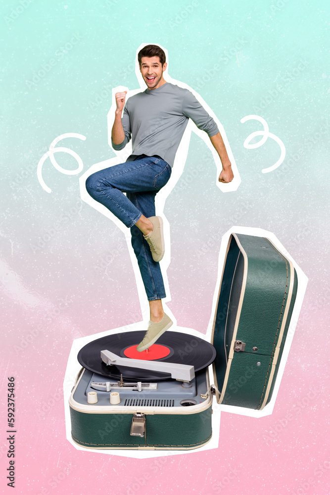 Sticker Photo of guy personage collage design clubber guy dancing turntable vinyl record excited meloman isolated on gradient pink blue background