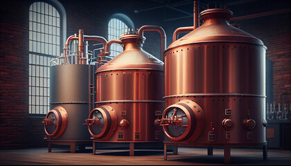 Modern Beer Factory. Rows of steel tanks for beer fermentation and maturation. Spot light effect