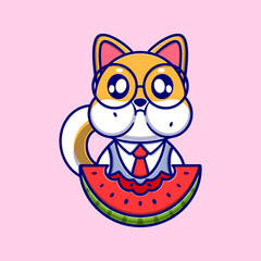 cute corgi dog eating watermelon cartoon vector icon illustration. animal nature icon concept isolated premium vector. flat design 