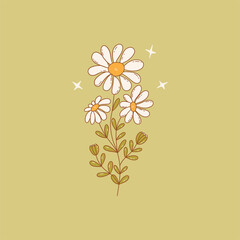 Chamomile flowers. Sprig with three blooming daisies and two buds. Colorful vector doodle style illustration hand drawn. Single floral element with contour. Green background