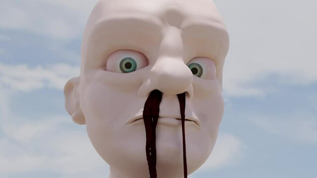 Angry face bald guy with running blood from the nose - 3D render