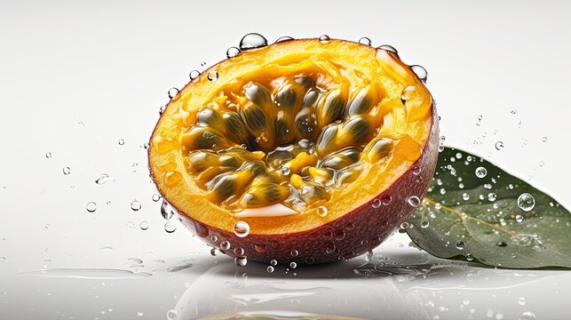 Fresh passion fruit with water drops on white background. Close up