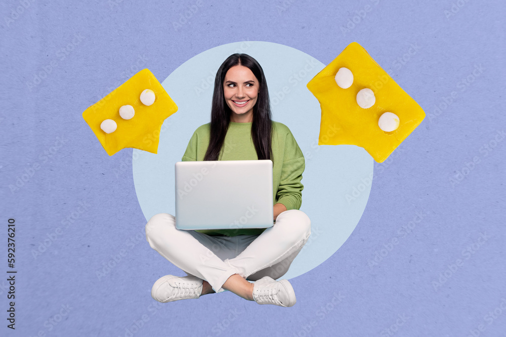Poster artwork magazine collage picture of smiling tricky lady texting message modern device isolated drawi