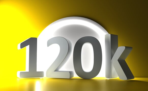120K Followers. Achievement in 120K followers.120 000 followers background. Congratulating networking thanks, net friends abstract image, customers. 3d rendering. Isolated like and thumbs. Web banner.