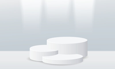 Minimal 3d display product minimal scene with geometric podium platform collection. Modern white circle pedestal podium with empty room background. Stand to show cosmetic products