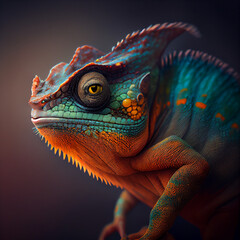 Bright color exotic chameleon, iguana lizard, wildlife reptile portrait, orange and blue skin coloration, generative AI - obrazy, fototapety, plakaty