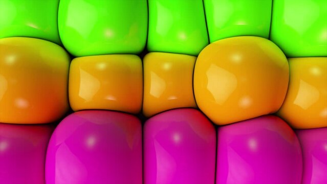 Abstract concept. Paint balloons deflate and inflate. Big bubbles. Green, orange, pink color. Distend. 3d animation
