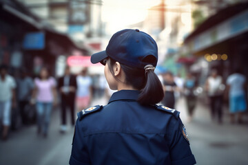 Portrait of an asian police woman in street. Generative AI