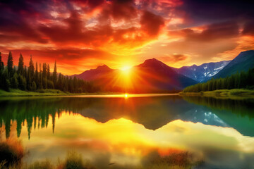 Beauty Sunset over lake. Generative AI