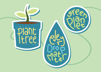 Happy Earth Day! Sticker and Badge flat illustrations on environment and sustainability for social post and virtual communication. 
