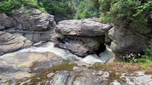Slow motion of Linville Falls in North Carolina on the Blue Ridge Parkway. Spectacular three-tiered waterfall plunging into Linville Gorge, &ldquo;Grand Canyon of Southern Appalachians.&rdquo; Erwin's view.
