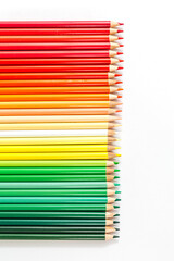 Colored multicolored wooden pencils on a white background