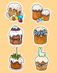   Set of colored stickers  Easter cakes on an orange background