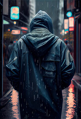 person walking in the city, back view portrait of a hooded person walking through a city on a rainy day, image created with ia