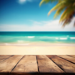Empty wooden table on a beautiful blured tropical beach background. Summer holiday background for product display