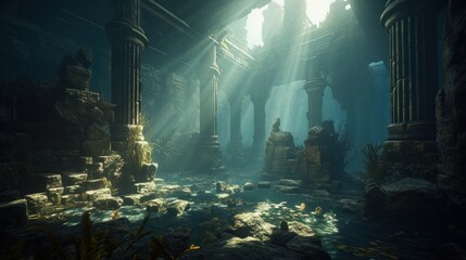 Generative AI of a Fantasy Temple Underwater Scene with Mirror