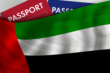UAE flag background and passport of United Arab Emirates. Citizenship, official legal immigration, visa, business and travel concept.