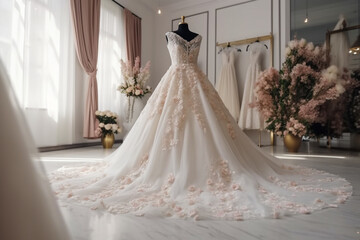 Fototapeta na wymiar Sweet modern white wedding dress in the luxury room. Super photo realistic background, generative ai illustration