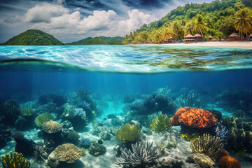 Naklejka na ściany i meble Underwater view of tropical coral reef and sandy beach at Seychelles, Generative AI