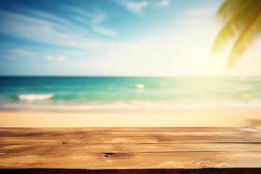 Empty wooden table on a beautiful blured tropical beach background. Summer holiday background for product display