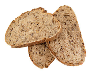 A loaf of rye or wheat bread with flax and sunflower seeds on a white background. Slice or piece of bread