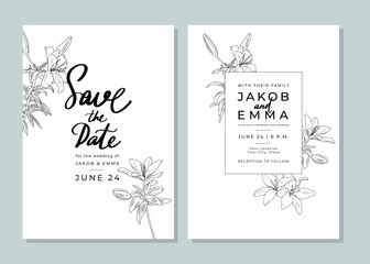 Set of wedding invitation cards. Black and white templates with linear lily flowers. Save the date. Layout design with botanical elements and handwritten typography. Line art