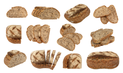 Bakery products for baking sliced. Set of dark bread, top view, isolated on white background