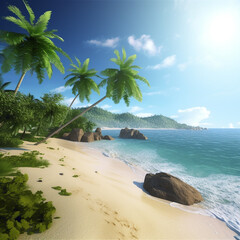 Tropical landscape of summer scenery, white sand with palm trees. Luxury travel vacation destination,  Created using generative AI tools.