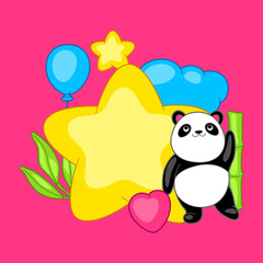 Background with cute kawaii little panda. Funny character and decorations in cartoon style.