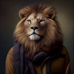 Portrait of an human lion hybrid wearing clothes, mixed creature, mythology, generative AI

