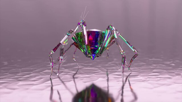 Diamond spider close-up. Body made of large diamond stone. Walking. Diamond spider legs. Abstract glowing background. 
