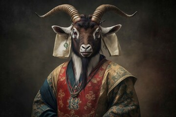 A goat in a Chinese national costume, a sign of the Chinese zodiac
